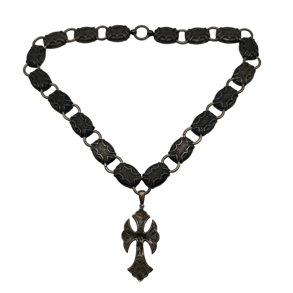 Vintage Gothic Cross Pendant Necklace Ornate Scroll Link Chain Antiqued Silver